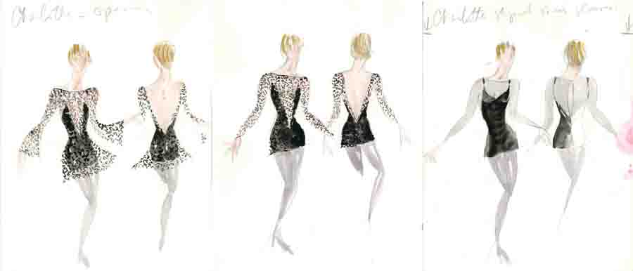 Sketch for Charlotte d'Amboise as Roxie Hart, Chicago, Act I, Graphite/ Watercolor/ Gouache on Paper, 11 x 25 ½ inches